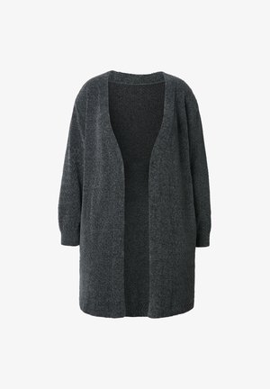 Mørkegrå strikket cardigan med en afslappet pasform, åben front, trekvartærmer og tekstureret stof. Ingen lukninger eller mønstre.