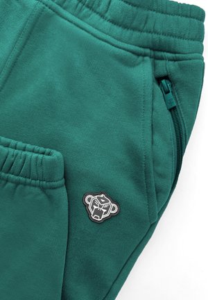 Teal joggings met een gladde textuur, voorzien van een elastische tailleband, zijzak met rits en een zwart-wit leeuwenlogo