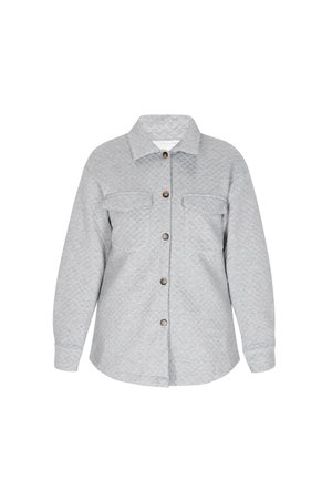 Jachetă din bumbac gri, captusită, cu guler, închidere frontală cu nasturi și două buzunare pe piept. Fabricată dintr-un material texturat, cu accente de buton maro.