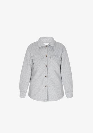 Jachetă din bumbac gri, captusită, cu guler, închidere frontală cu nasturi și două buzunare pe piept. Fabricată dintr-un material texturat, cu accente de buton maro.