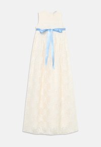 Robe sans manches en dentelle crème avec une doublure solide, dotée d'une ceinture en satin bleu à la taille et de motifs floraux sur l'ensemble.