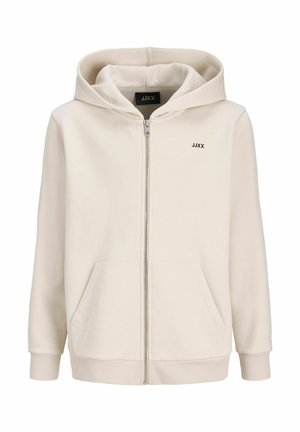 Sweat à capuche beige zippé intégralement, avec poches avant, manches longues et capuche, avec un petit logo "JJXX" sur la poitrine et à l'intérieur du col.