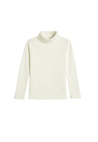 Suéter de manga larga con cuello alto de canalé en suave y elástico tejido blanco. Presenta un cuello alto y un diseño ajustado sin cierres ni patrones visibles.