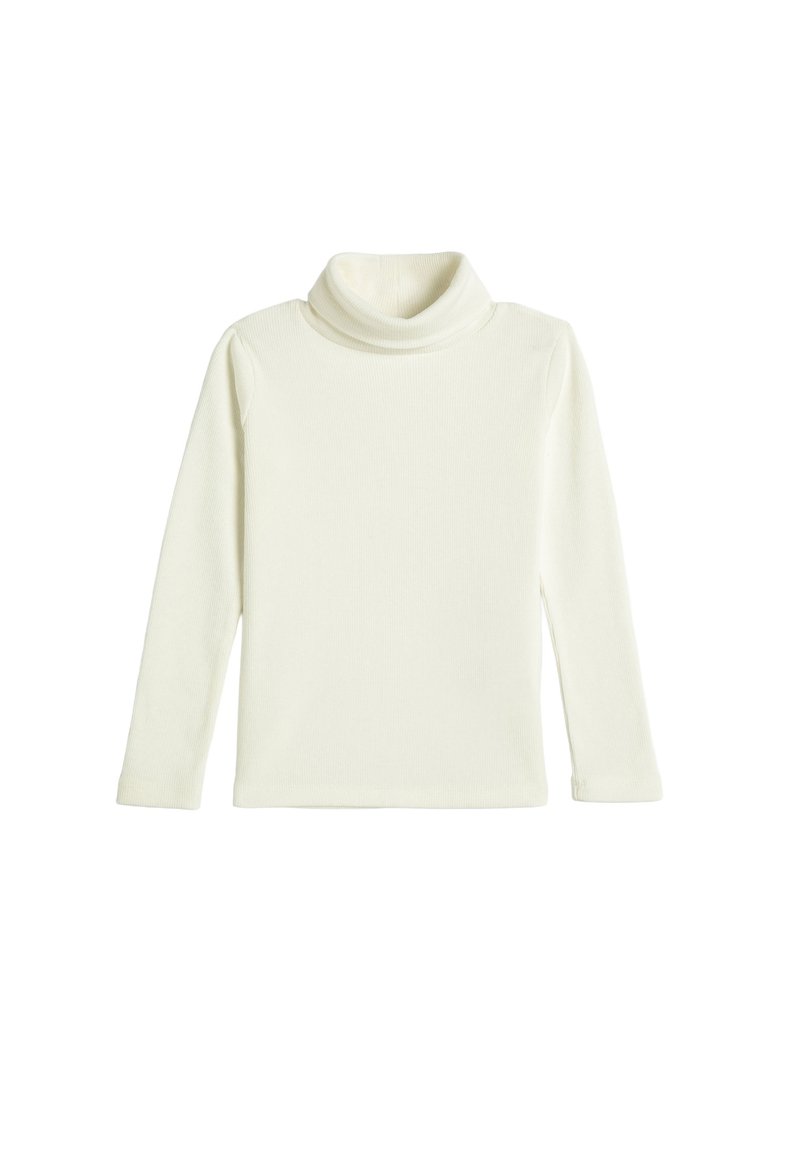 Suéter de manga larga con cuello alto de canalé en suave y elástico tejido blanco. Presenta un cuello alto y un diseño ajustado sin cierres ni patrones visibles.