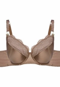 Bra aus braunem Satin mit Spitzenbesatz und nahtlosem Design, verstellbaren Trägern und goldenen Hardware-Details. Strukturiertes Design an den Cups.