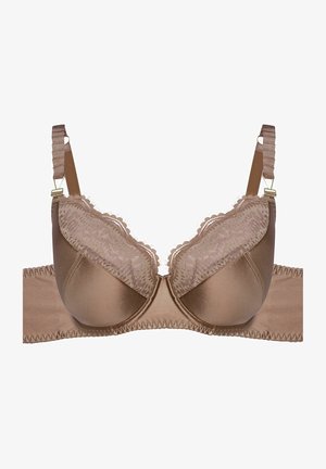 Brown satin bra featuring lace trim and a seamless design, adjustable straps, and gold hardware accents. Textured detailing at the cups.