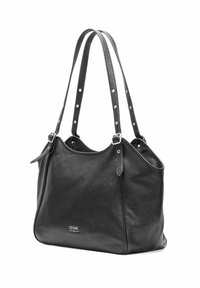 Czarna skórzana torebka z teksturowanym wykończeniem, wyposażona w dwa długie paski oraz srebrne ćwieki wzdłuż krawędzi pasków, o miękkim, zaokrąglonym kształcie.