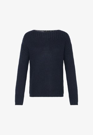 Tumesinine kõrge kaelusega kudum, millel on laiad õlavarre ja pikad varrukad, millel on tekstuuriga soonikmuster ja vabalt langev lõige.