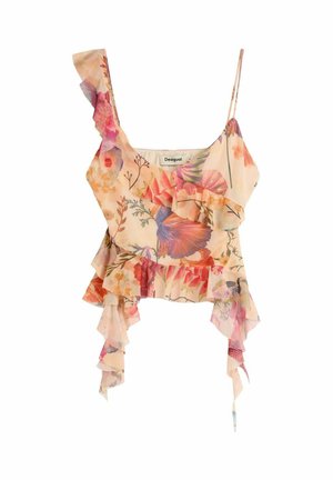 Asymmetrisk ferskenfarvet bluse med blomstret print, flæsekant og stropper, med pink, lilla og orange blomster samt lagdelt stofdetaljer.