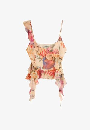 Asymmetrisch perzikkleurig bloesje met bloemenprint, ruches aan de zoom en bandjes, met roze, paarse en oranje bloemen en gelaagde stofdetails.