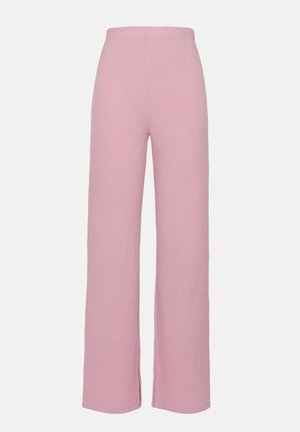 Rosa weit geschnittene Hose aus strukturiertem Stoff, mit hohem Bund und seitlichen Schlitzen am Saum für zusätzliche Details.