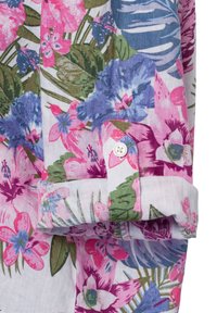 Floral linen shirt featuring vibrant pink, blue, and green patterns, with a rolled cuff and a white button at the sleeve.