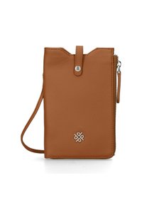 Brown leather wallet with zip closure, rectangular shape, textured surface, and a front snap tab. Features a logo in the lower corner.