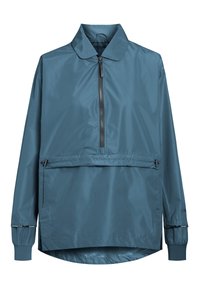 Lightweight, blue pullover jacket with a zippered front, stand collar, elastic cuffs, and a front pocket with cinching detail. Smooth texture.