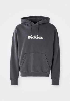 Haut à capuche gris charbon avec une poche kangourou à l'avant, des poignets côtelés et un logo "Dickies." blanc au centre à l'avant, fabriqué en matériau en coton doux.