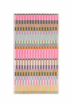 Rektangulært tæppe med horisontale striber i pink, beige, grå, orange, grøn og blå, med varierede skiftende vertikale og horisontale mønstre.