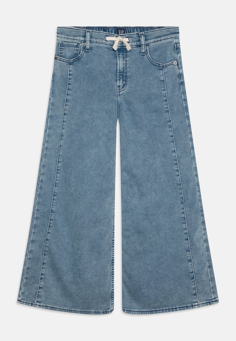 Light blue wide-leg jeans made of denim, featuring an elastic waistband with a drawstring, front pockets, and a smooth texture.