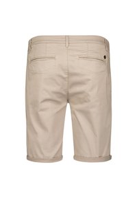 Beige katoen shorts met een gladde textuur, opgerolde randen en twee achterzakken. Heeft subtiele stiksels en een klein logo detail op de tailleband.