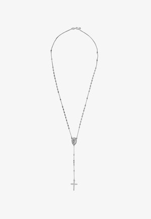 Srebrny naszyjnik z owalnym wisiorkiem, który ma szczegółowy wzór, przerywany małymi koralikami, oraz zwisającym krzyżem na końcu.