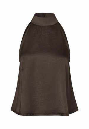 Bezrękawnik z ciemnobrązowego satynu z wysokim kołnierzem i luźnym krojem, pokazany na białym tle.