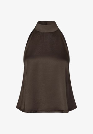 Bezrękawnik z ciemnobrązowego satynu z wysokim kołnierzem i luźnym krojem, pokazany na białym tle.