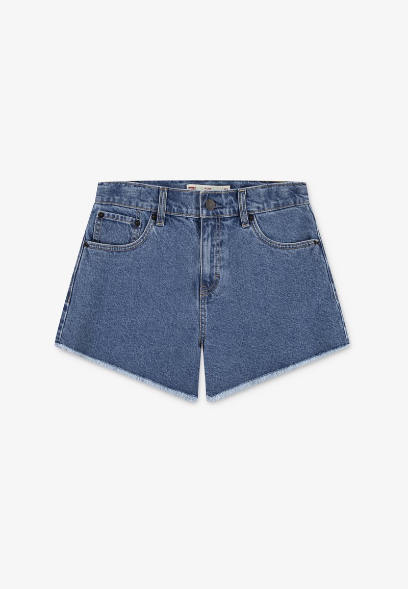 Pantalones cortos de mezclilla en azul claro con dobladillo deshilachado, que cuentan con dos bolsillos frontales y un cierre de botón en la cintura. Diseño clásico de 5 bolsillos.