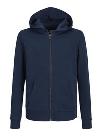 Sudadera con cremallera en color navy, fabricada en tejido suave, con capucha, dos bolsillos frontales, puños acanalados y un dobladillo recto.