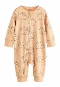 Combinaison pour bébé couleur pêche avec manches longues, fermeture éclair et imprimé de dinosaure noir. Tissu en coton doux avec des poignets et des ouvertures pour les jambes côtelés.