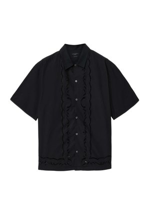 Black short-sleeve button-up shirt with a collar, featuring scalloped cutout embroidery along the front and bottom edges.