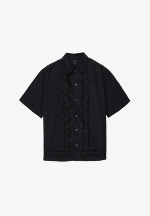 Black short-sleeve button-up shirt with a collar, featuring scalloped cutout embroidery along the front and bottom edges.