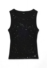 Top sin mangas negro con cuello redondo, cubierto de filas verticales de lentejuelas, creando una superficie texturizada. Incluye una etiqueta de la marca en el dobladillo.