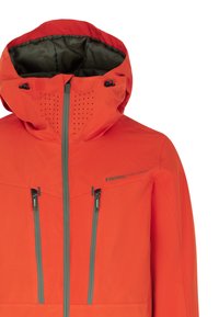 Giacca impermeabile arancione brillante con colletto alto, cappuccio regolabile e cerniere grigie. Presenta fori di ventilazione e logo sul petto.