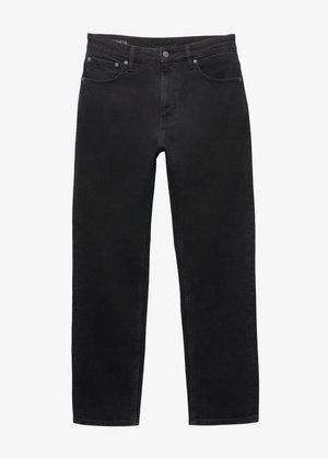 Schwarze Jeans mit geradem Bein, ausgestattet mit einem Reißverschluss und einem Knopfverschluss sowie dem klassischen Fünf-Taschen-Design.