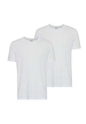 Two plain white short-sleeve crew neck t-shirts, slightly overlapping, displayed on a white background.