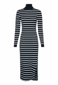 Neulettu pitkähihaisia mekko, jossa on korkea kaulus. Mekko on varustettu vaakasuorilla tummansinivalkoisilla raidoilla, ribbitetyllä pinnalla ja sivuaukolla liikkumisen helpottamiseksi.