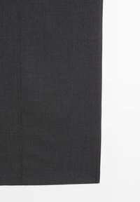 Dark gray formal trousers made from textured fabric displayed flat against a white background.