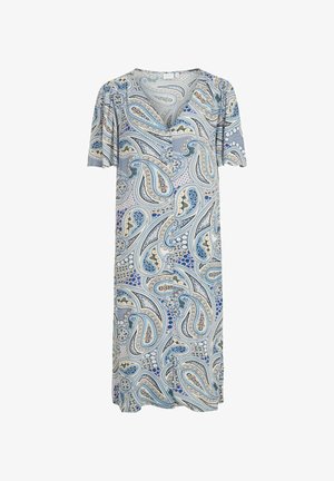 Korte mouwen jurk in lichte stof met een blauw en beige paisleypatroon, voorzien van een V-hals en een jurk tot op de knie.