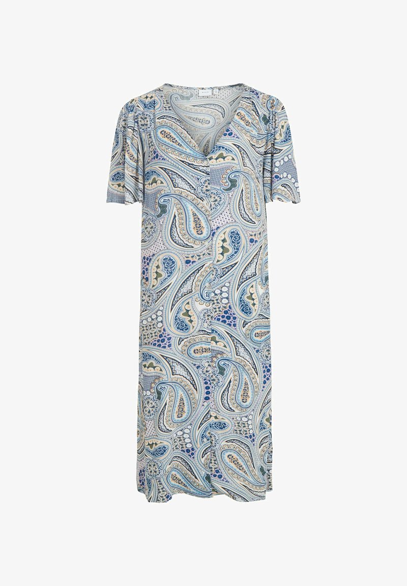 Kratka haljina s kratkim rukavima od lagane tkanine koja ima plavu i bež paisley uzorak, s V-izrezom i dužinom do koljena.
