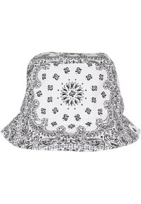 Svart og hvit bøttehatt med paisley-mønster, bred brem og myk tekstur. Designet inkluderer blomsteraccent og geometriske motiver.