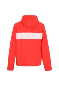 Giacca leggera rossa con cappuccio, caratterizzata da una striscia orizzontale bianca sulla schiena, polsini elastici e una texture liscia.