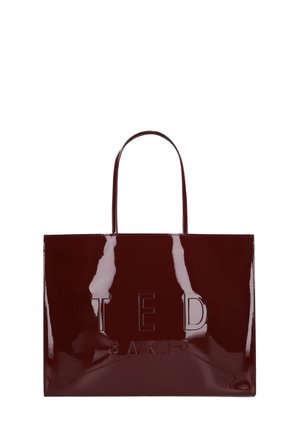Glossy dark brown leather tote bag with double handles and embossed "TED BAKER" logo on the front.