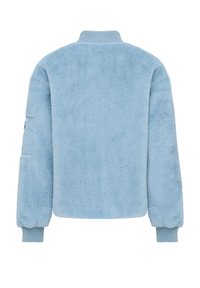 Lichtblauwe, fluffy jas met een geribbelde kraag en manchetten. Heeft een zijzak. Zachte textuur, ontspannen pasvorm en eenvoudig ontwerp.