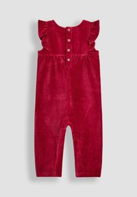 Roter Cord-Overall für Babys mit Rüschensäumen und vier Knöpfen hinten, ärmelloses Design auf einem hellgrauen Hintergrund.
