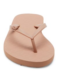 Flip-flop roz din cauciuc, cu un talpă texturată și bretele în formă de V; detaliu logo pe bretea și margini rotunjite.