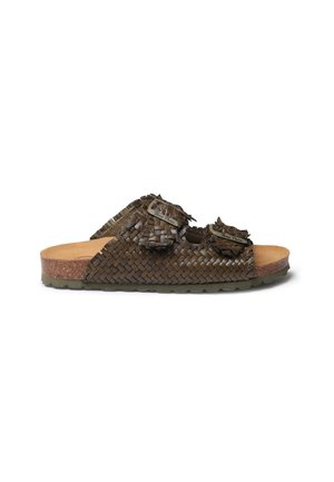 Kootud oliivrohelised liugjalatsid lillede aktsentidega, korkvoodriga ja tekstureeritud kummitald. Lame disain sobib igapäevaseks kandmiseks.