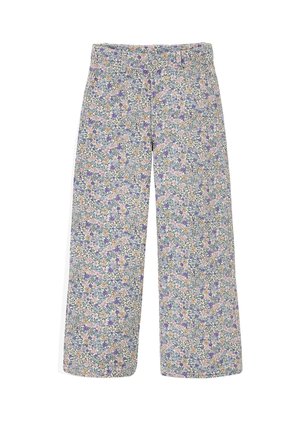 Hose mit geradem Bein und einem mehrfarbigen kleinen Blumenmuster in Lila, Orange und Grün auf weißem Hintergrund, mit Knopfverschluss.