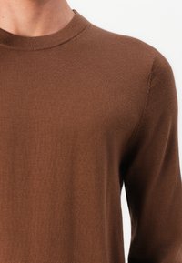 Close-up de uma pessoa a usar um suéter de malha simples, de mangas longas, castanho, com um decote redondo, em fundo branco.