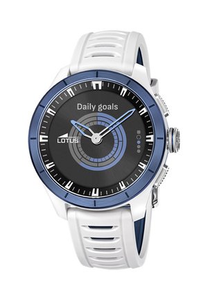 Round smartwatch with white strap, blue bezel, and display showing daily goals progress with analog-style hands and circular activity rings.