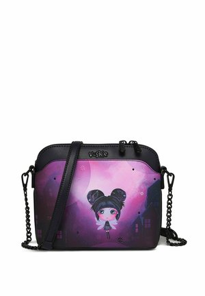 Crossbody bag with black synthetic leather, featuring a purple graphic design of a girl with black hair and butterfly wings, chain strap.