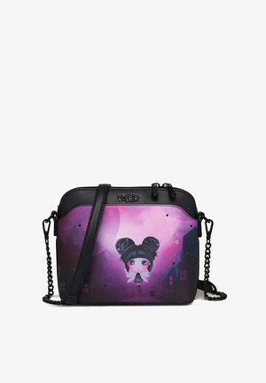 Crossbody bag with black synthetic leather, featuring a purple graphic design of a girl with black hair and butterfly wings, chain strap.